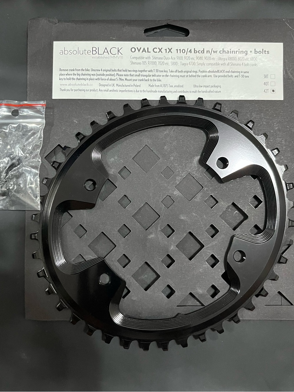 absoluteBLACK Oval CX 1X 42T Chainring 110 BCD Shimano 4-Bolt w/ Bolts New